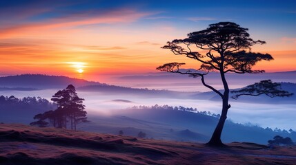 Beautiful landscape with lonely tree on the lake at sunrise time