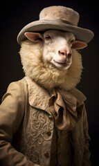 portrait of sheep dressed in Victorian era clothes, confident vintage fashion portrait of an anthropomorphic animal, posing with a charismatic human attitude