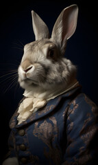 Obraz na płótnie Canvas portrait of rabbit dressed in Victorian era clothes, confident vintage fashion portrait of an anthropomorphic animal, posing with a charismatic human attitude