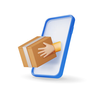 3D Carton Packaging Box in Hands in Smartphone Isolated. Render Cardboard Package with Cover. Postal Signs of Fragile. Carton Delivery Packaging. Transportation and Logistics. Vector Illustration