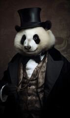 portrait of panda bear dressed in Victorian era clothes, confident vintage fashion portrait of an anthropomorphic animal, posing with a charismatic human attitude