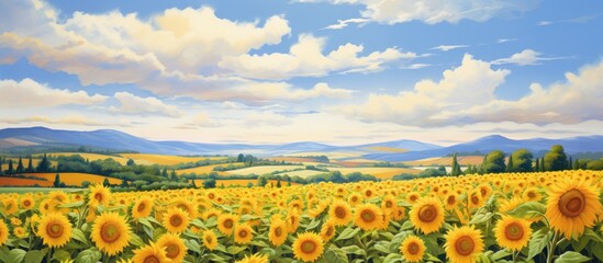 In the captivating summer landscape, the sky radiated a vibrant blue hue as the sun's golden rays kissed the sprawling green fields of the floral farm, painting a colorful masterpiece of nature with