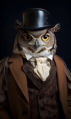 portrait of owl dressed in Victorian era clothes, confident vintage fashion portrait of an anthropomorphic animal, posing with a charismatic human attitude