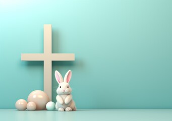 Easter background for religious motifs. Cross, Easter bunny and Easter eggs on a pastel blue background, with free space for text, copy space. Holiday spring concept.
