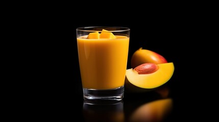 Mango juice in a glass and fresh mango on a black background