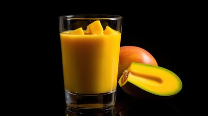 Mango juice in a glass and fresh mango on a black background