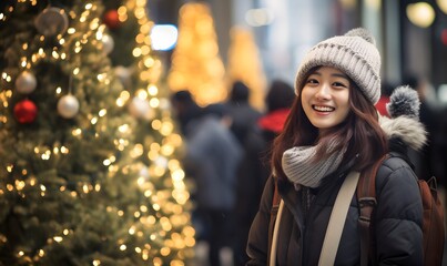 Asian woman on Christmas street, Generative AI