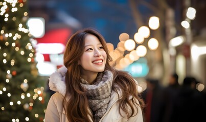 Asian woman on Christmas street, Generative AI