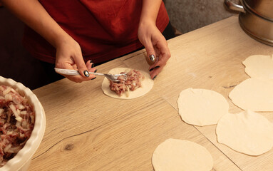 The girl makes manti on the table - obrazy, fototapety, plakaty