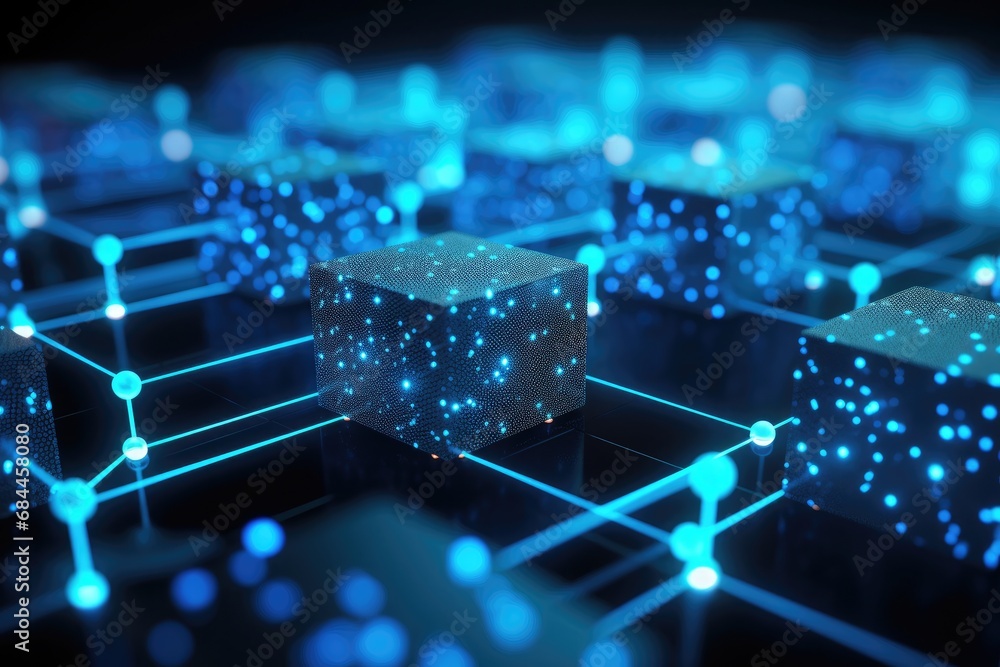 Poster 3d rendering of abstract digital background with cubes and binary code, close up view of beautiful f