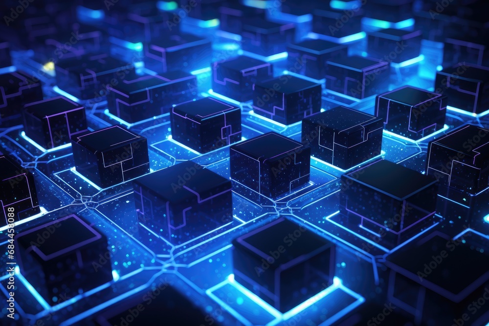 Poster 3d rendering of abstract technology background with glowing cubes in blue light, close up view of be