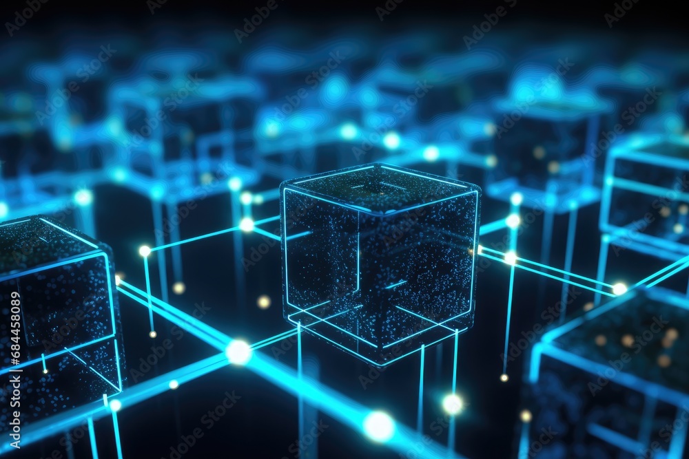 Poster abstract 3d render of cube on dark background. technology concept, close up view of beautiful fir br