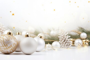 Christmas background with white christmas baubles on a white background, Christmas white background with christmas balls and decoration, AI Generated