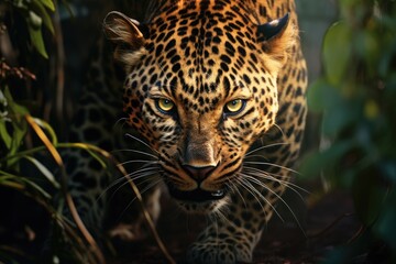 Obraz premium Leopard portrait in the jungle. Wildlife scene from tropics, Close-up of a leopard stalking prey, AI Generated