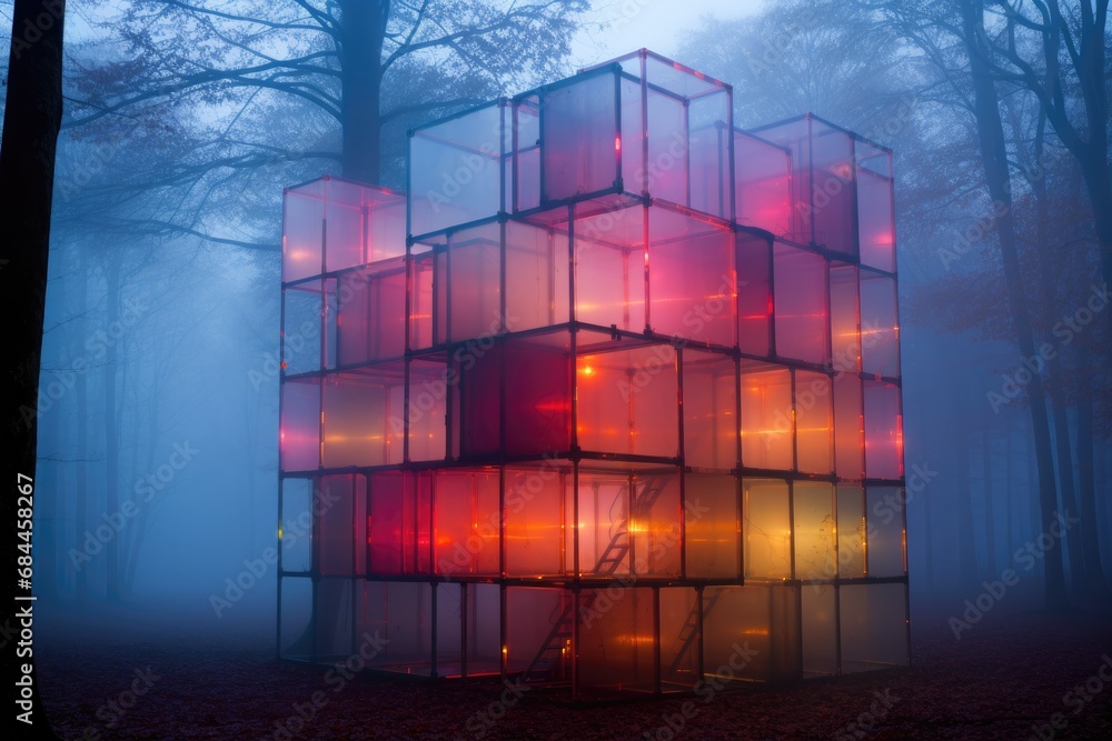 Poster a colorful glass structure in the middle of a forest. generative ai.