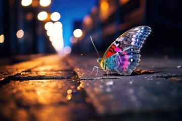 Butterfly on the street at night in Prague, Czech Republic, Colorful butterfly on the sidewalk of a busy street at night, captured through, AI Generated