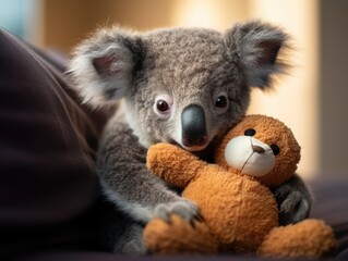 A koala holding a bear on a bed. Generative AI.