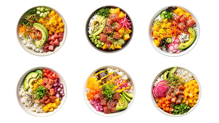 Collection of PNG. Hawaiian poke bowl tuna, salmon, shrimp with avocado, mango, radish, rice and other ingredients. Top view isolated on a transparent background. - obrazy, fototapety, plakaty