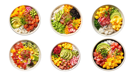 Collection of PNG. Hawaiian poke bowl tuna, salmon, shrimp with avocado, mango, radish, rice and other ingredients. Top view isolated on a transparent background.