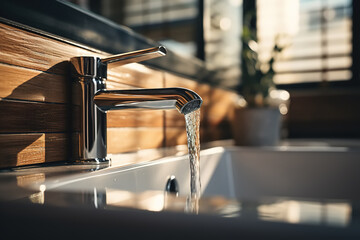Close-up bathroom design, faucet running water into sink