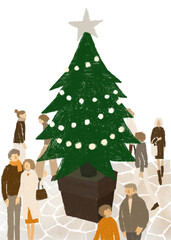 illustration of people walking around a Christmas tree
