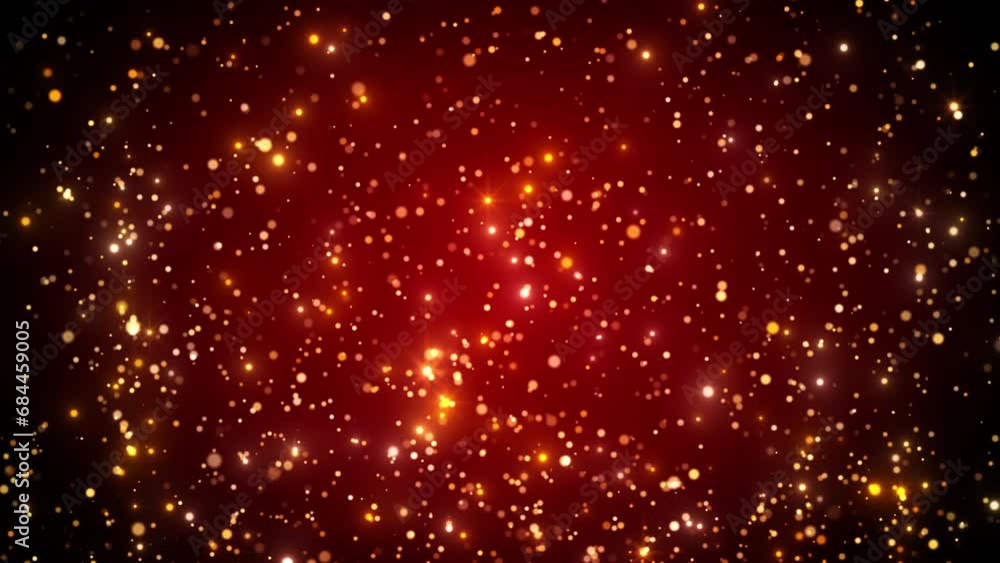 Poster video animation of golden glitter particles - particles of rain with defocused bokeh on red backgrou
