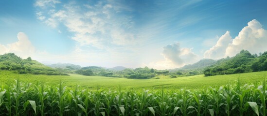 Fototapeta premium In the heart of the tropical summer, a farm stands tall with lush green fields, where the texture of the natural white corn sways in the breeze, contrasting against the black chalkboard announcing