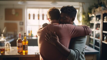 Generative AI image of alcohol rehab concept, Back view of interracial men with alcohol addiction hugging in rehab center