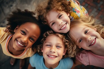 Friendship concept. Group potrait of a cheerful joyful cute little children playing together looking down camera and smiling with AI
