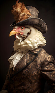 portrait of chicken dressed in Victorian era clothes, confident vintage fashion portrait of an anthropomorphic animal, posing with a charismatic human attitude
