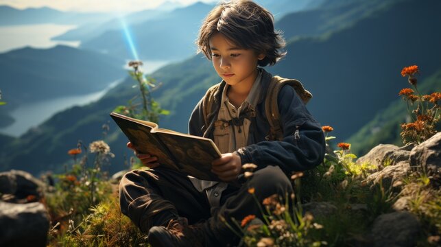 Generative AI image of An Asian boy sitting on a hillside reading a book