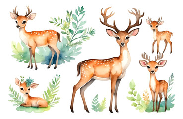 set of watercolor cute safari deer isolated on transparent background