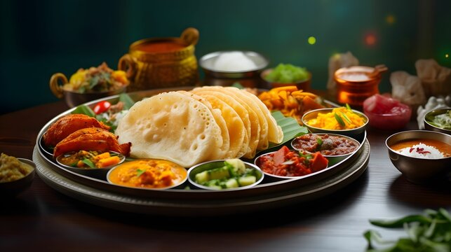 Group of South Indian food like Masala Dosa, Uttapam, Idli/idly, Wada/vada, sambar.