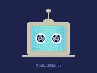 AI Hallucination concept. LLM large language model misinterprets things, producing confusing or inaccurate AI results. Artificial Intelligence Hallucination vector illustration on dark background