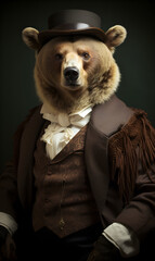 portrait of bear dressed in Victorian era clothes, confident vintage fashion portrait of an anthropomorphic animal, posing with a charismatic human attitude