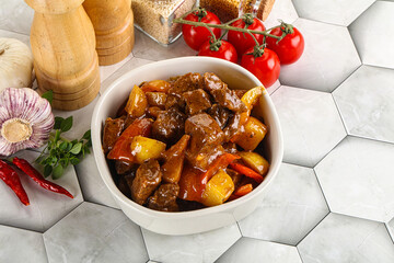 Homemade beef hungarian goulash with potato