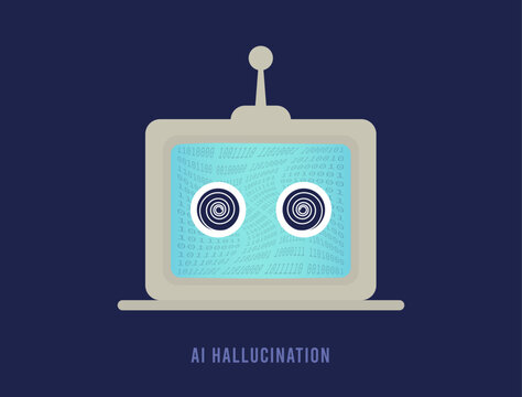 AI Hallucination concept. LLM large language model misinterprets things, producing confusing or inaccurate AI results. Artificial Intelligence Hallucination vector illustration on dark background