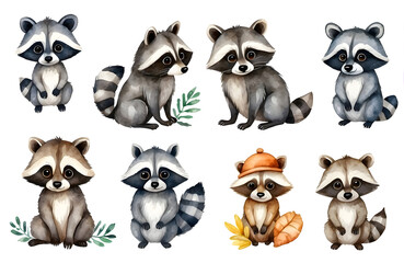 set of watercolor cute safari raccoon isolated on transparent background