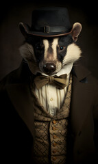 portrait of badger dressed in Victorian era clothes, confident vintage fashion portrait of an anthropomorphic animal, posing with a charismatic human attitude