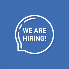 white we re hiring thin line bubble. concept of search worker in office or find employees. flat art style trend modern simple sms logotype graphic lineart design element for flyer isolated on blue