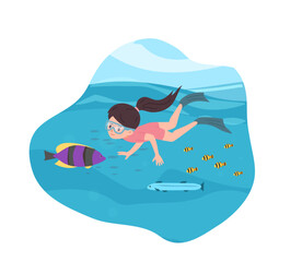 Cute snorkeling child girl flat style, vector illustration