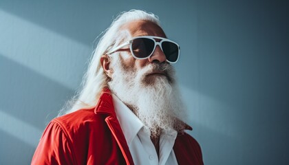 Hipster Father Christmas with straight long white hair and beard, stylish sunglasses with a white shirt and a red suit, in front of a light blue background