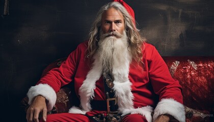 Serious looking Father Christmas in a red and white costume sits on a sofa in front of a dark background