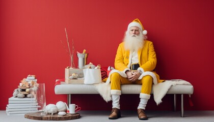 Father Christmas in a yellow costume sits on a bench in front of a red wall, looking serious