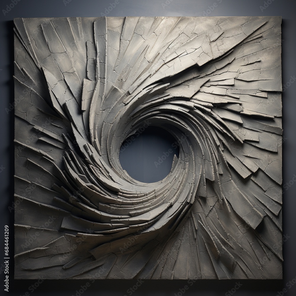 Wall mural sculptural elements protrude, casting dramatic shadows on a textured canvas, creating a compelling 3