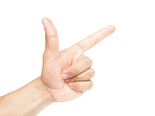 Male hand pointing finger to the side The idea of pointing at something, such as an object or text. Isolated on a white background.