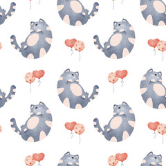 Watercolor fat cats with heart balloons seamless pattern. February 14 funny pet hand drawn print. Valentine's day holiday wrapping paper design or baby nursery wallpapers isolated on white background.