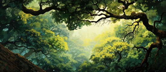 Fototapeta premium In the heart of the lush forest, a majestic tree reached towards the vibrant, green canopy, its textured bark an intricate mosaic of wood, as the sun gently illuminated each bright leaf, revealing