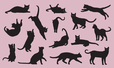 Black cats in various poses isolated on background. Cats sitting, standing, resting, playing. Cat symbol shape.
