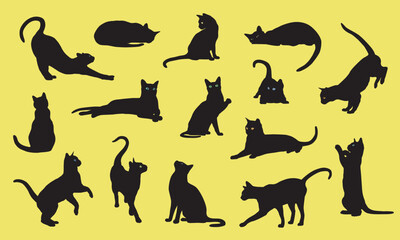 Black cats in various poses isolated on background. Cats sitting, standing, resting, playing. Cat symbol shape.